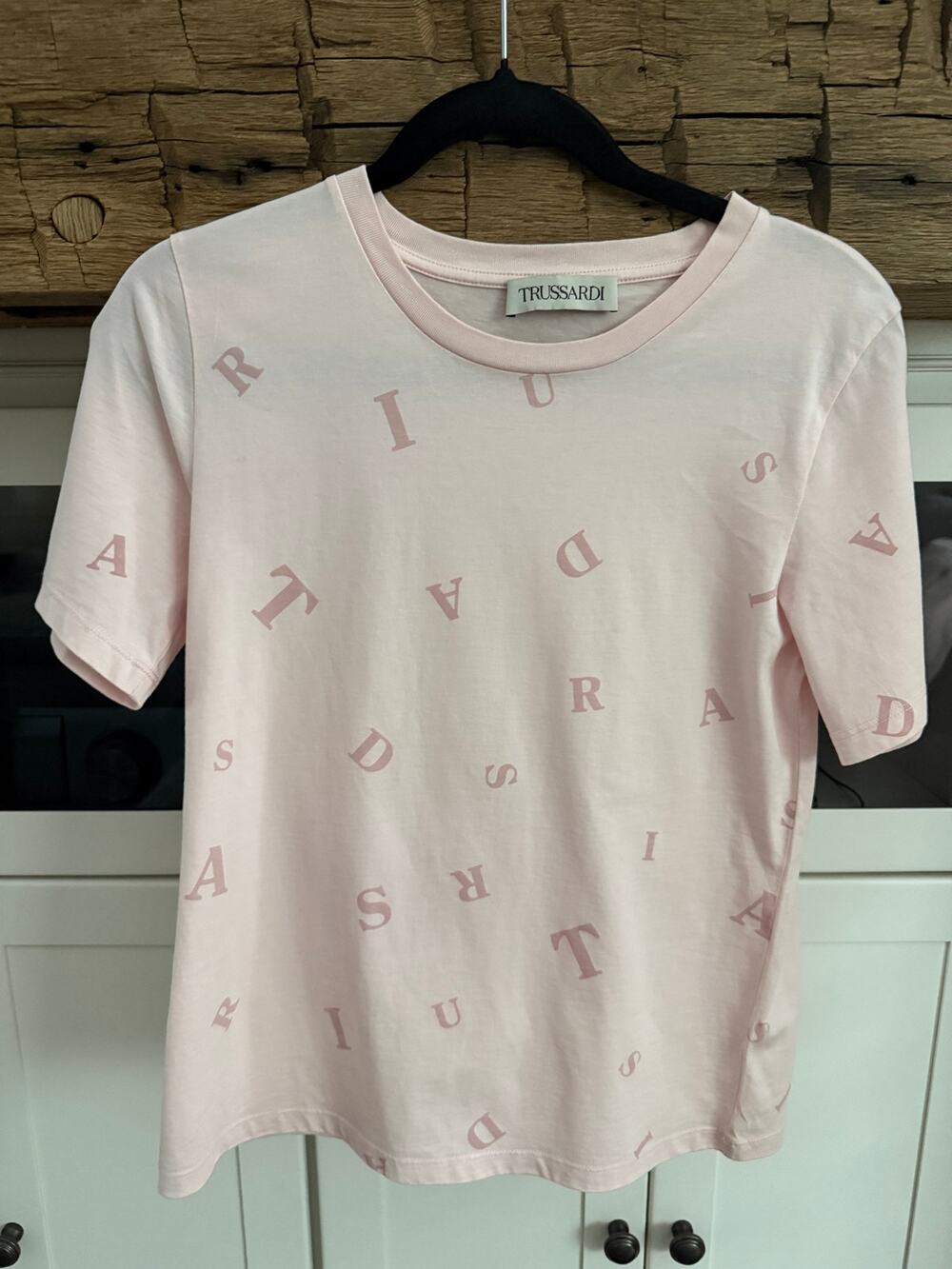 Trussardi Pink Logo Print T-Shirt Sz S Italian Designer Scattered Lettering